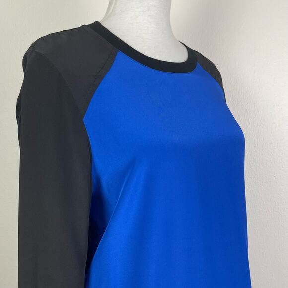 Fifteen Twenty | NWT Blue Black Colorblock Zipper Long Sleeve Flowy Silk Blouse - Picture 3 of 10